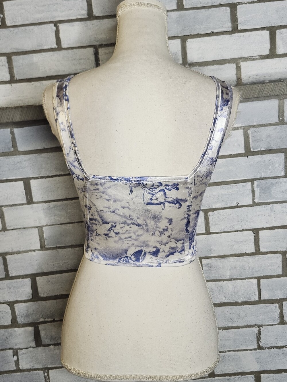 • Motel Rocks Sleeveless Satin Corset Front Closure Crop Top Small Blue White - Picture 4 of 9